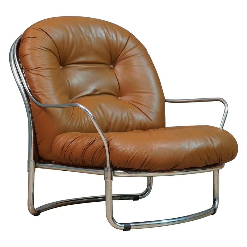 P 162 Carlo De Carli per Cinova Poltrona Mod. 915 in cromo e pelle marrone, 1969