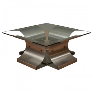 T 196 Tavolino da divani in acciaio e vetro di Francois Monnet, 1970