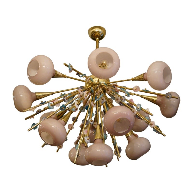 L 113 Lampadario in vetro artistico di Murano e ottone color rosa, 1990