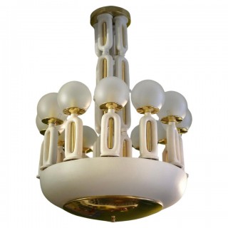 L 115 Lampadario in vetro di Murano, ottone e ceramica, 1950