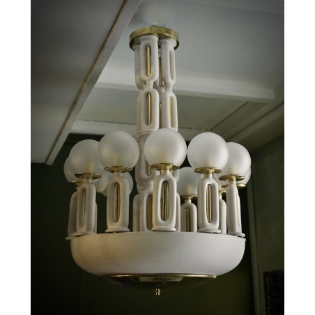 L 115 Lampadario in vetro di Murano, ottone e ceramica, 1950