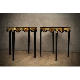 T 165Coppia di Tavolini in Vetro Ottone e Faggio