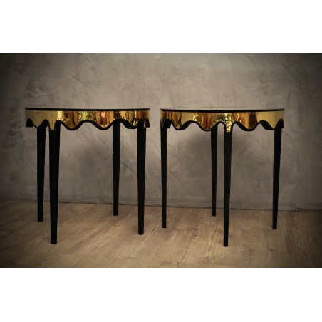 T 165Coppia di Tavolini in Vetro Ottone e Faggio