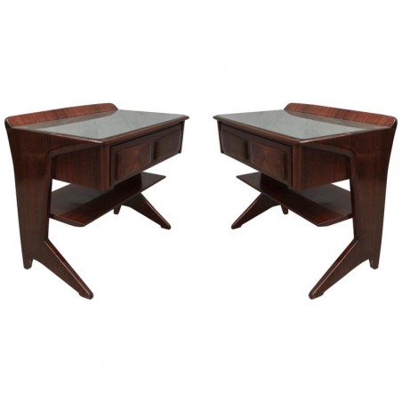 T 147  Coppia di comodini in legno di palissandro e opalina verde