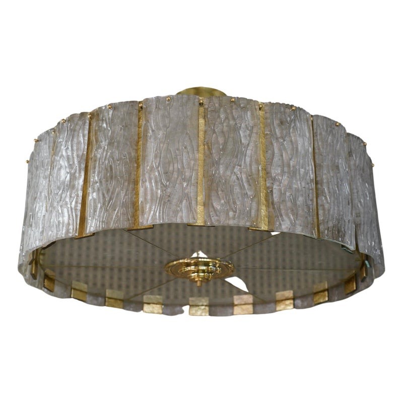 Lampadari Mid-Century in ottone e vetro artistico rotondo di Murano, 1970