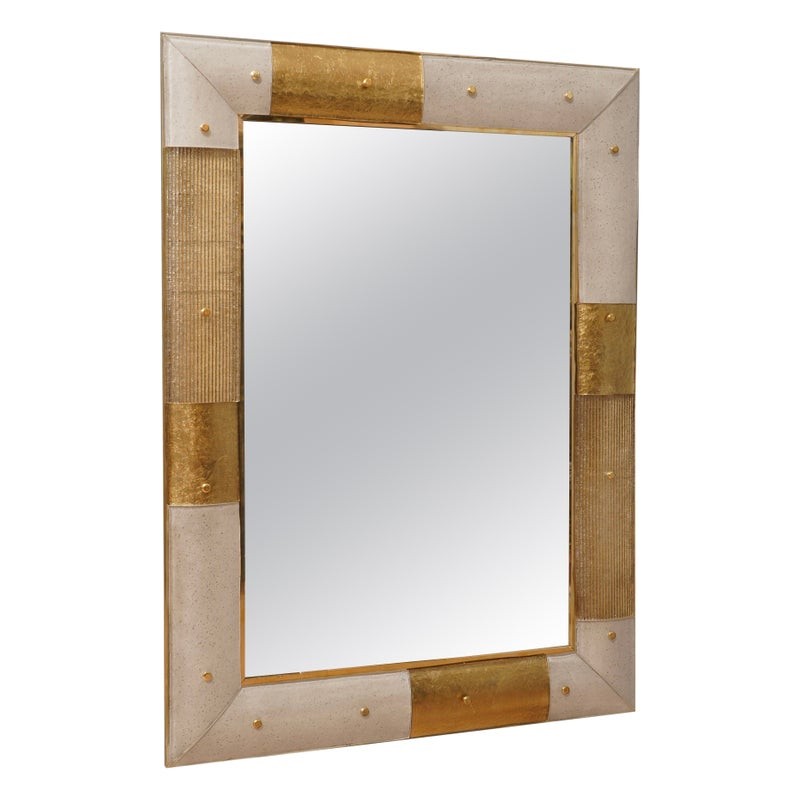 SP 52 Specchio da parete in vetro e ottone color oro e bianco di Murano, 1980