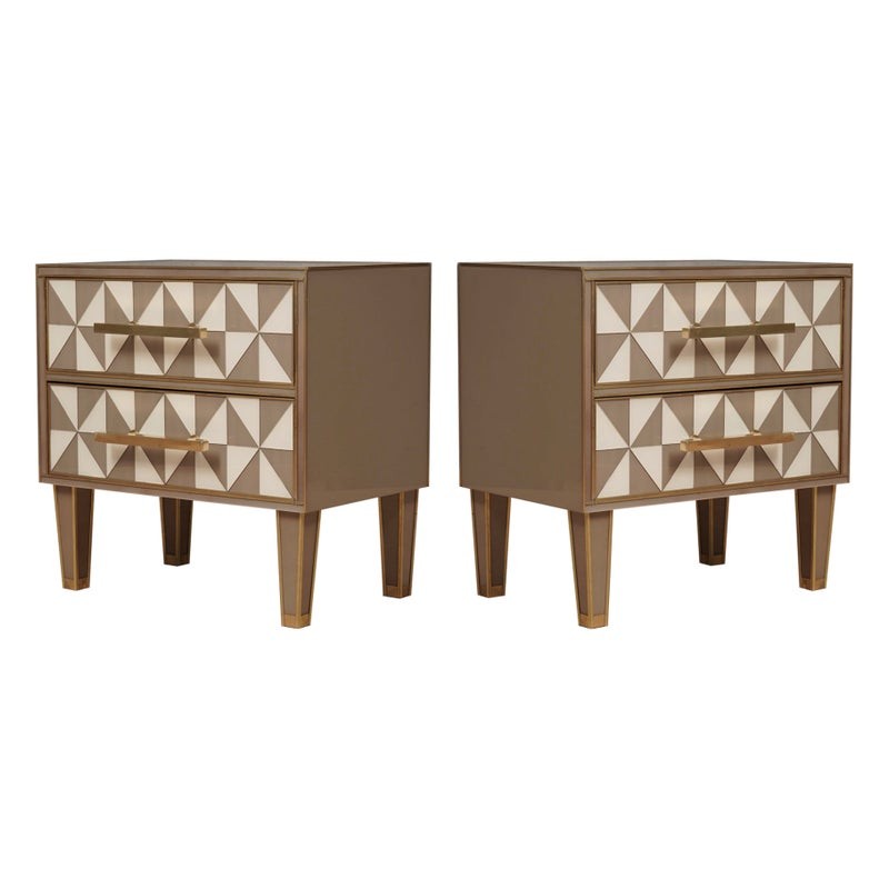 T 181 Comodino MidCentury in vetro e ottone color bianco e tortora, 2020