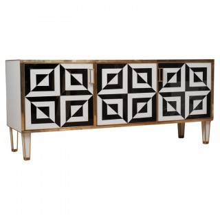 CR 187 Credenza Mid-Century in vetro artistico bianco e nero e ottone Italiana, 1980