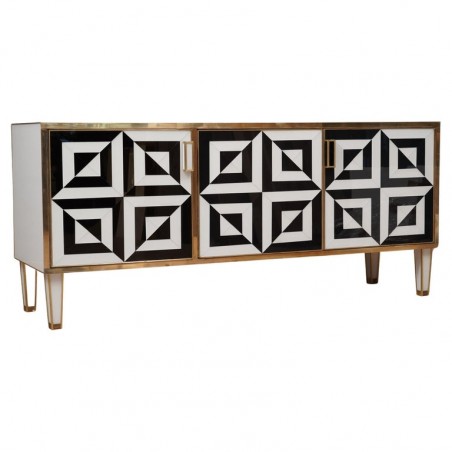 CR 187 Credenza Mid-Century in vetro artistico bianco e nero e ottone Italiana, 1980