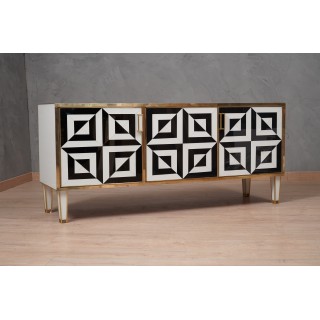 CR 187 Credenza Mid-Century in vetro artistico bianco e nero e ottone Italiana, 1980
