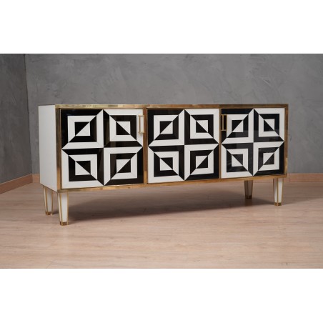 CR 187 Credenza Mid-Century in vetro artistico bianco e nero e ottone Italiana, 1980